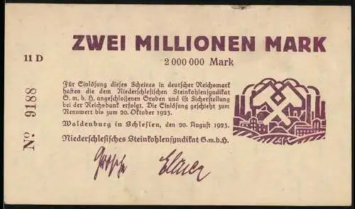Notgeld Waldenburg 1923, Zwei Millionen Mark, Niederschlesisches Steinkohlenyndikat GmbH, Nr. 9188, 20. August 1923