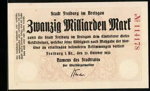 Notgeld Freiburg, 1923, 20 Milliarden Mark, Stadt Freiburg im Breisgau, Seriennummer 114178