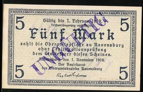 Notgeld Ravensburg 1918, 5 Mark, Kriegszahlung mit Stempel ungültig