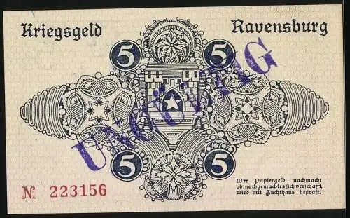 Notgeld Ravensburg 1918, 5 Mark, Kriegszahlung mit Stempel ungültig