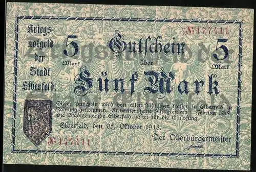 Notgeld Elberfeld, 1918, 5 Mark, Kriegsnotgeld der Stadt Elberfeld, gültig bis 1. Februar 1919