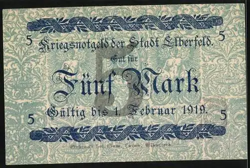 Notgeld Elberfeld, 1918, 5 Mark, Kriegsnotgeld der Stadt Elberfeld, gültig bis 1. Februar 1919