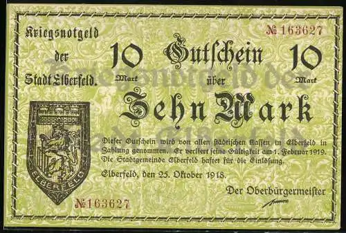 Notgeld Elberfeld, 1918, 10 Mark, Kriegsnotgeld der Stadt Elberfeld, Gültig bis 1. Februar 1919