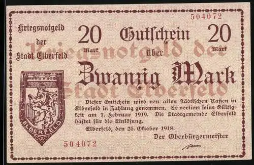 Notgeld Elberfeld 1918, 20 Mark, Kriegsnotgeld der Stadt Elberfeld, gültig bis 1. Februar 1919