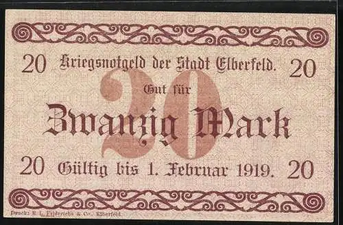 Notgeld Elberfeld 1918, 20 Mark, Kriegsnotgeld der Stadt Elberfeld, gültig bis 1. Februar 1919