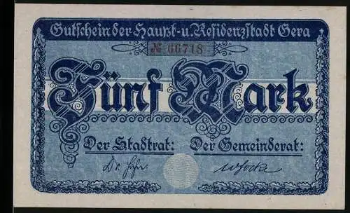 Notgeld Gera, 1919, 5 Mark, Gutschein der Haupt- und Residenzstadt Gera mit Gebäude und Text