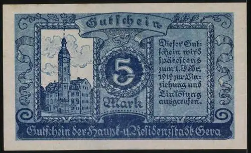 Notgeld Gera, 1919, 5 Mark, Gutschein der Haupt- und Residenzstadt Gera mit Gebäude und Text