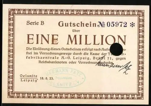 Notgeld Leipzig 1923, Eine Million Mark, Serie B Gutschein Nr. 05972 mit Stempel von Hermann Patz und Lochentwertung