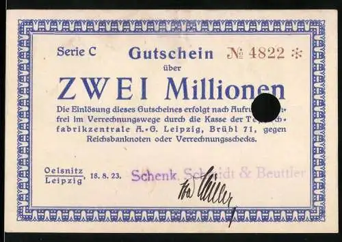 Notgeld Leipzig 1923, Zwei Millionen, Serie C Gutschein Nr. 4822, Stempel Schenk, Schmidt & Beuttler, gelocht