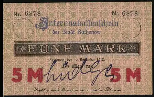 Notgeld Rathenow, 1918, 5 Mark, Interims-Kassenschein der Stadt Rathenow mit Wappen und Seriennummer