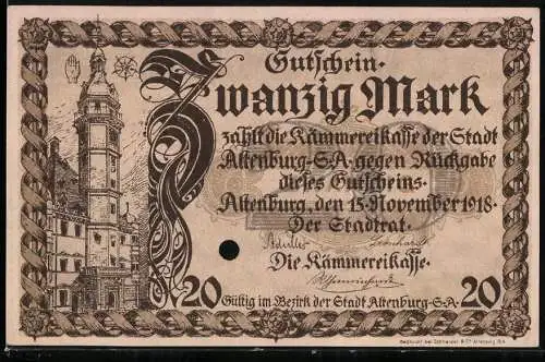 Notgeld Altenburg 1918, 20 Mark, Gutschein gültig im Bezirk der Stadt Altenburg-S.-A. mit Stadtansicht, gelocht