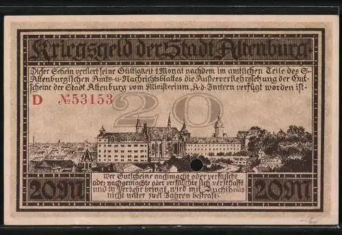 Notgeld Altenburg 1918, 20 Mark, Gutschein gültig im Bezirk der Stadt Altenburg-S.-A. mit Stadtansicht, gelocht