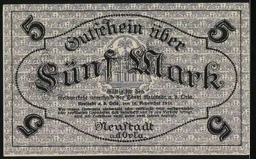 Notgeld Neustadt a.d. Orla, 1918, Fünf Mark, Gutschein über Fünf Mark mit Seriennummer 10196, Stempel Ungültig