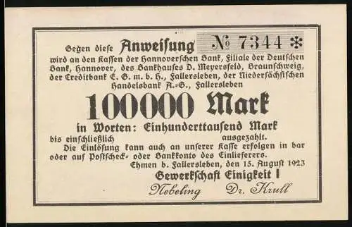 Notgeld Fallersleben 1923, 100000 Mark, Anweisung der Gewerkschaft Einigkeit