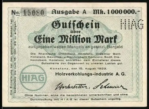 Notgeld Konstanz 1923, Eine Million Mark, Gutschein der Holzverkohlungs-Industrie A.G