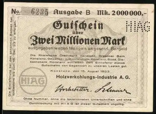 Notgeld Konstanz 1923, Zwei Millionen Mark, Gutschein der Holzverkohlungs-Industrie A.G