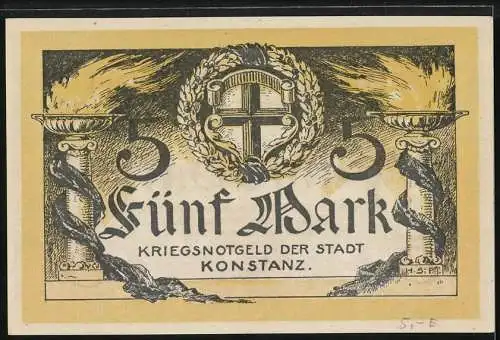 Notgeld Konstanz 1918, Fünf Mark, Kriegsnotgeld der Stadt Konstanz mit Stadtwappen und Fackeln