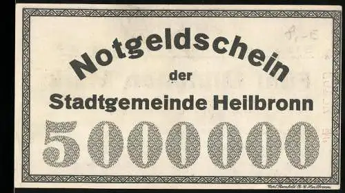 Notgeld Heilbronn 1923, 5 Millionen Mark, Stadtgemeinde Heilbronn a. N., ausgegeben am 15. Aug. 1923