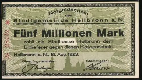 Notgeld Heilbronn 1923, 5 Millionen Mark, Stadtgemeinde Heilbronn a. N., ausgegeben am 15. Aug. 1923