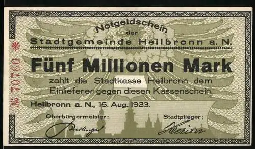 Notgeld Heilbronn 1923, 5 Millionen Mark, Motiv Adler und Stadtansicht Vorderseite, grosse Schrift Rückseite