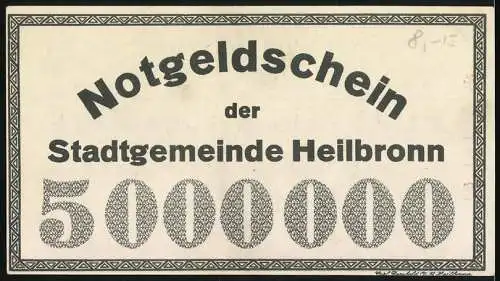 Notgeld Heilbronn 1923, 5 Millionen Mark, Motiv Adler und Stadtansicht Vorderseite, grosse Schrift Rückseite