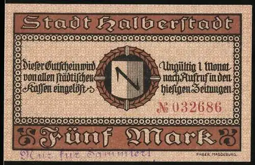 Notgeld Halberstadt, 1918, 5 Mark, braun mit dekorativem Rand und Stadtwappen