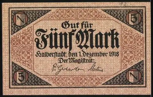 Notgeld Halberstadt, 1918, 5 Mark, braun mit dekorativem Rand und Stadtwappen