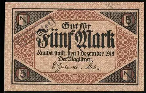 Notgeld Halberstadt 1918, 5 Mark, Gut für 5 Mark, Stadt Halberstadt, Nr. 105403