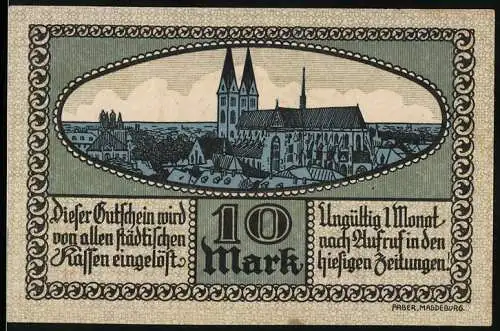 Notgeld Halberstadt 1918, 10 Mark, Stadtansicht und Text, signiert von Magistrat