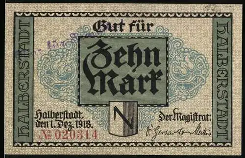 Notgeld Halberstadt 1918, Zehn Mark, Stadtansicht und Text