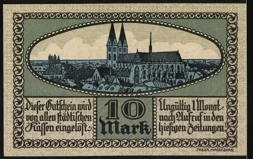 Notgeld Halberstadt 1918, Zehn Mark, Stadtansicht und Text