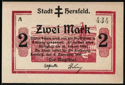 Notgeld Hersfeld 1918, 2 Mark, Stadt Hersfeld, gültig bis 31. Januar 1919, Seriennummer 434