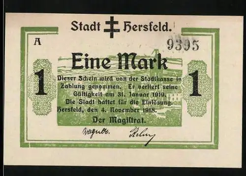 Notgeld Hersfeld, 1918, Eine Mark, Stadt Hersfeld grüne Umrandung, gültig bis 31. Januar 1919, Seriennummer 9395