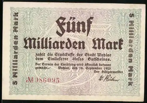 Notgeld Wetzlar 1923, 5 Milliarden Mark, Ludwig Erk und Gebäude mit Notenblatt