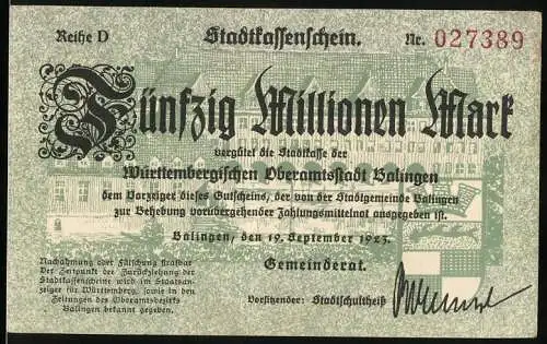 Notgeld Balingen 1923, 50 Millionen Mark, Stadtkassenschein Nr. 027389, Württembergische Oberamtsstadt Balingen