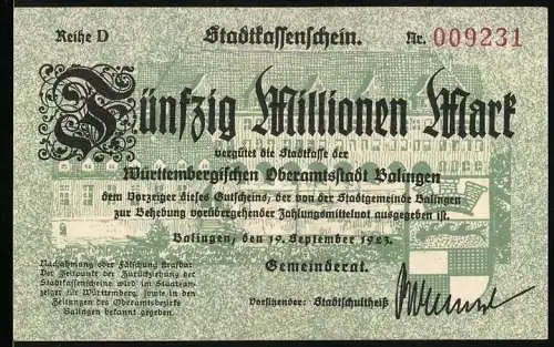 Notgeld Balingen 1923, 50 Millionen Mark, Stadtkassenschein der Oberamtsstadt Balingen, Nr. 009231