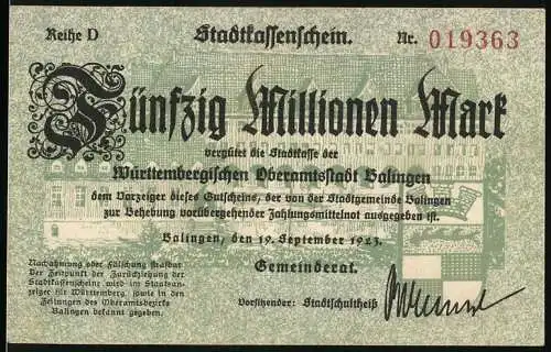 Notgeld Balingen 1923, 50 Millionen Mark, Stadt-Kassenschein der Württembergischen Oberamtsstadt Balingen