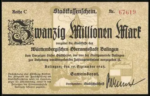 Notgeld Balingen 1923, Zwanzig Millionen Mark, Stadtkassenschein mit Unterschrift des Stadtschultheissen