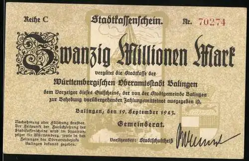 Notgeld Balingen 1923, Zwanzig Millionen Mark, Stadtkassenschein der Württembergischen Oberamtsstadt Balingen