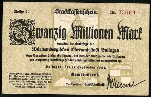 Notgeld Balingen 1923, 20 Millionen Mark, Stadtkassenschein der Württembergischen Oberamtsstadt Balingen