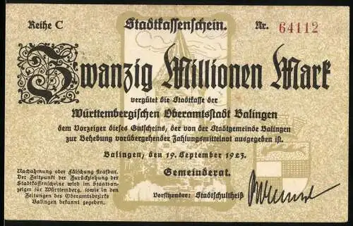 Notgeld Balingen 1923, Zwanzig Millionen Mark, Stadtkassenschein mit Unterschrift und Seriennummer 64112