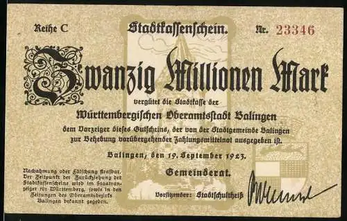 Notgeld Balingen 1923, Zwanzig Millionen Mark, Stadtkassenschein der Stadt Balingen, Nr. 23346