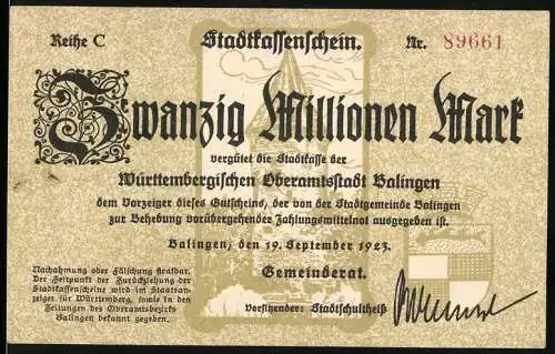 Notgeld Balingen 1923, Zwanzig Millionen Mark, Stadtkassenschein der Oberamtsstadt Balingen