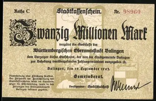 Notgeld Balingen 1923, 20 Millionen Mark, Stadtkassenschein, 19. September 1923