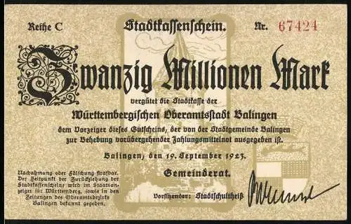 Notgeld Balingen 1923, Zwanzig Millionen Mark, Stadtkassenschein Nr. 67424, Serie C, Gemeinderatsschein