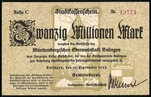 Notgeld Balingen 1923, Zwanzig Millionen Mark, Stadtkassenschein Württembergische Oberamtsstadt Balingen