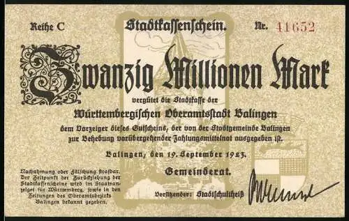 Notgeld Balingen 1923, Zwanzig Millionen Mark, Stadtkassenschein Serie C Nr. 41652, signiert vom Stadtbürgermeister