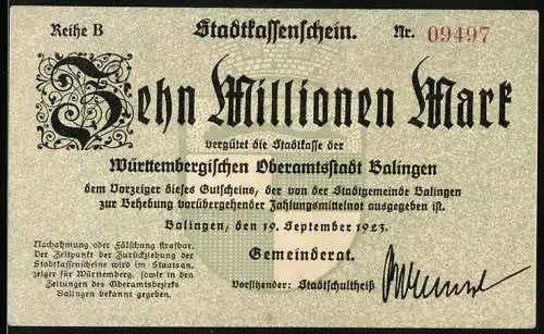 Notgeld Balingen 1923, 10 Millionen Mark, Stadtkassenschein Württembergische Oberamtsstadt