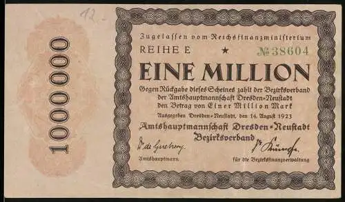 Notgeld Dresden-Neustadt, 1923, Eine Million Mark, Amtshauptmannschaft Dresden-Neustadt, Serie E, Nr. 38604