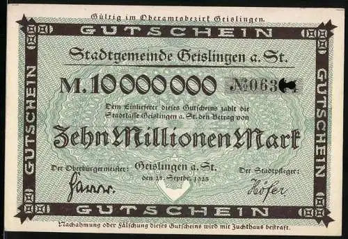 Notgeld Geislingen an der Steige 1923, zehn Millionen Mark, Gutschein gültig im Oberamtsbezirk Geislingen, gelocht